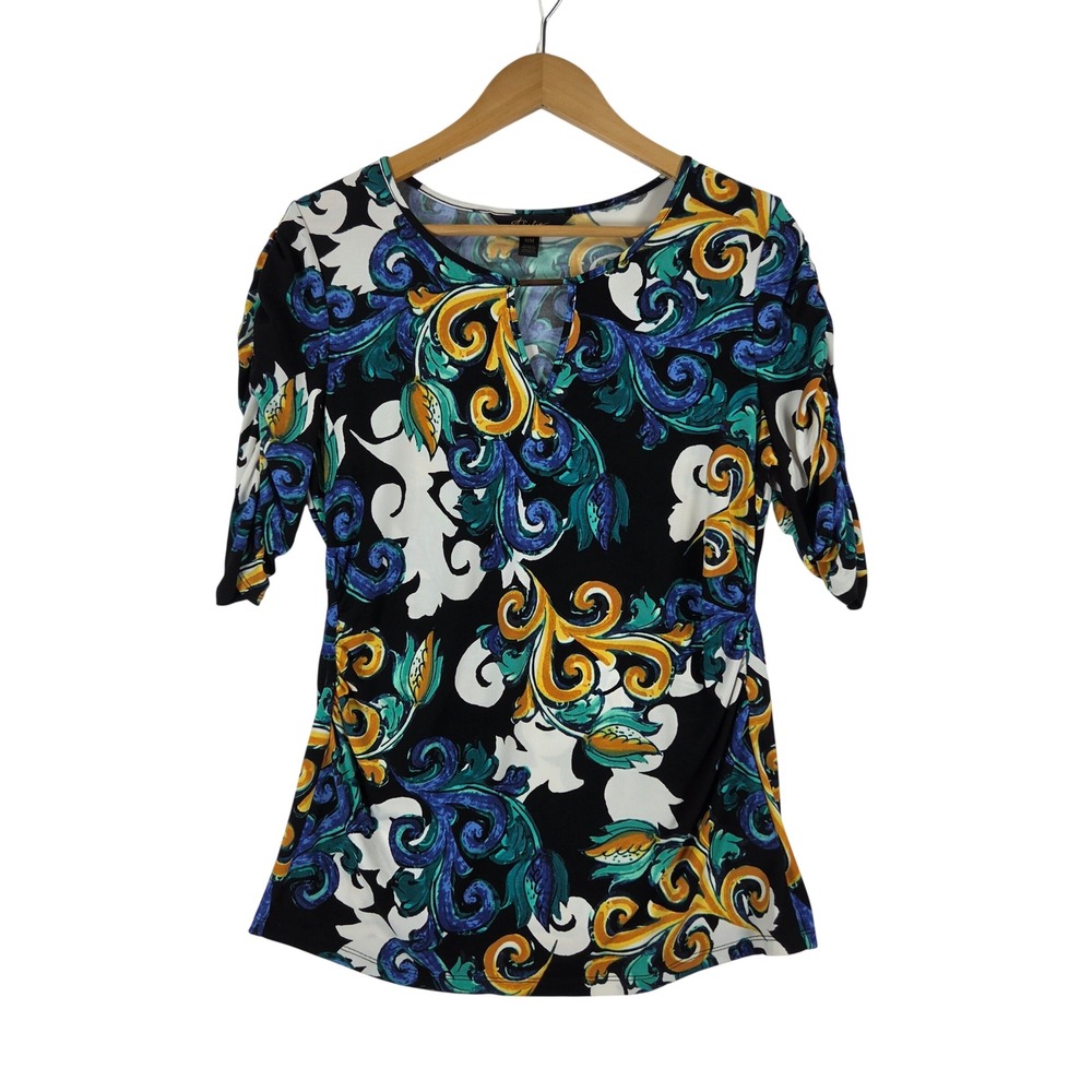 Thalia Sodi Womens Medium Blue Yellow Baroque Keyhole Ruched Blouse Top